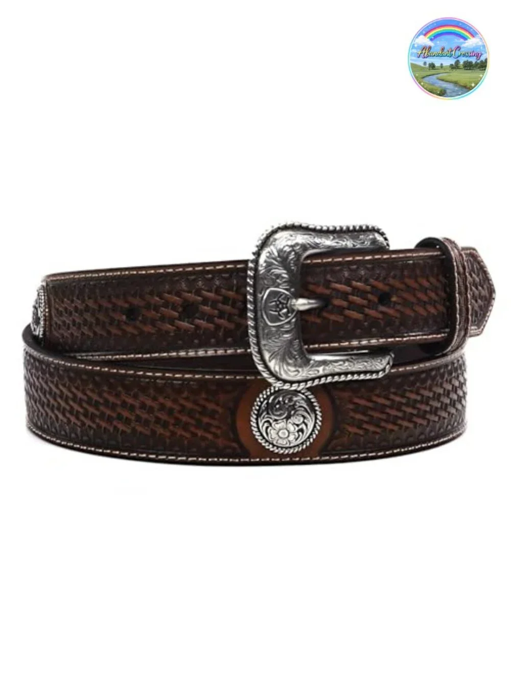 Western Leather Belt, Basketweave Stamped, Removable Silver Buckle